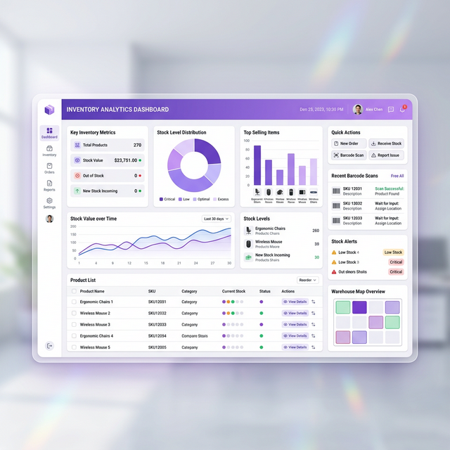 DreamSoft Inventory Management Software dashboard showing stock charts, product lists, and barcode scanning interface